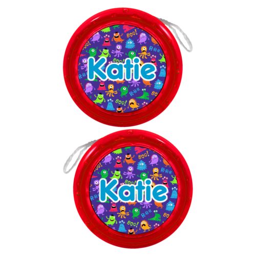 Personalized yoyo personalized with monsters pattern and the saying "Katie"