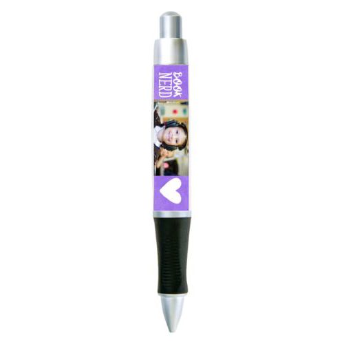 Personalized pen personalized with purple chalk pattern and photo and the sayings "book nerd" and "Heart"