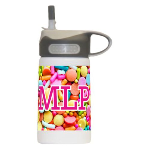 Stainless steel water bottle for kids personalized with sweets sweet pattern and the saying "MLP"