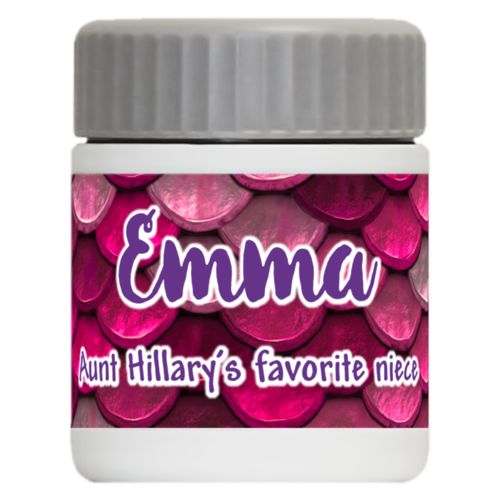 Personalized 12oz food jar personalized with pink mermaid pattern and the saying "Emma Aunt Hillary's favorite niece"