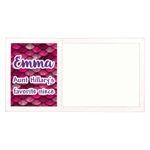 Personalized white board personalized with pink mermaid pattern and the saying "Emma Aunt Hillary's favorite niece"