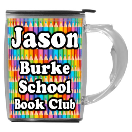 Custom mug with handle personalized with colored pencils pattern and the saying "Jason Burke School Book Club"