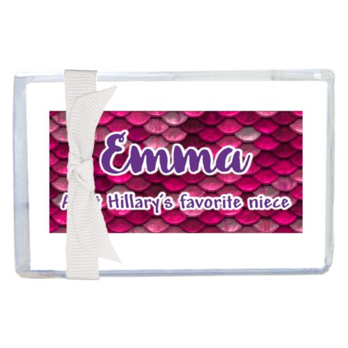 Personalized enclosure cards personalized with pink mermaid pattern and the saying "Emma Aunt Hillary's favorite niece"