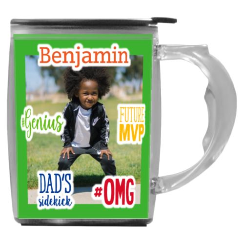 Custom mug with handle personalized with photo and the sayings "Benjamin" and "Dad's Sidekick" and "#omg" and "#Genius" and "Future MVP"