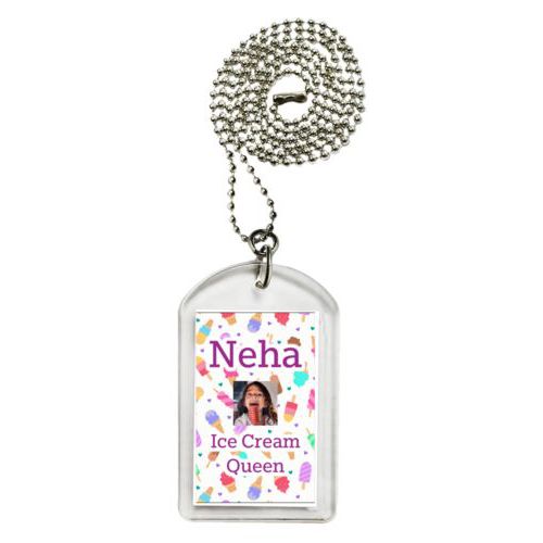 Personalized dog tag personalized with scoops pattern and photo and the saying "Neha Ice Cream Queen"
