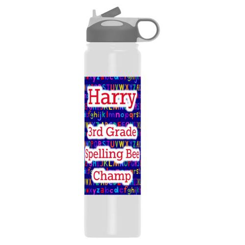 Double walled water bottle personalized with alphabet pattern and the saying "Harry 3rd Grade Spelling Bee Champ"