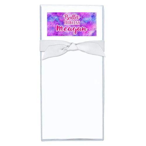 Personalized note sheets personalized with splatter paint pattern and the sayings "ballet princess" and "Meagan"