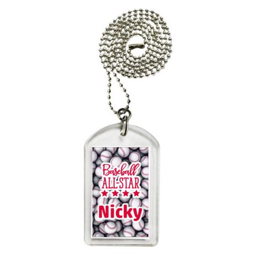 Personalized dog tag personalized with baseballs pattern and the sayings "baseball all-star" and "Nicky"