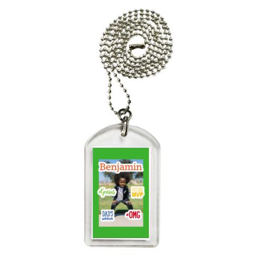 Personalized dog tag personalized with photo and the sayings "Benjamin" and "Dad's Sidekick" and "#omg" and "#Genius" and "Future MVP"