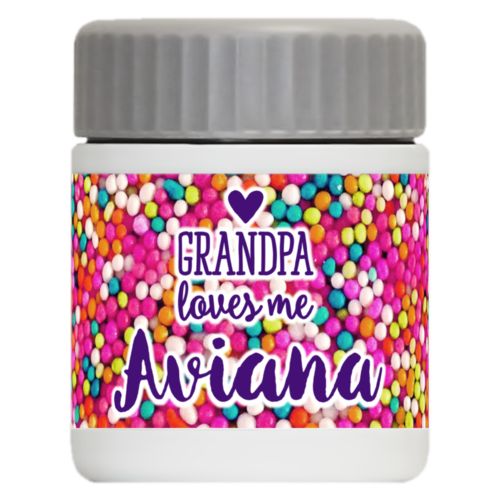 Personalized 12oz food jar personalized with sweets sprinkle pattern and the sayings "Grandpa loves me" and "Aviana"