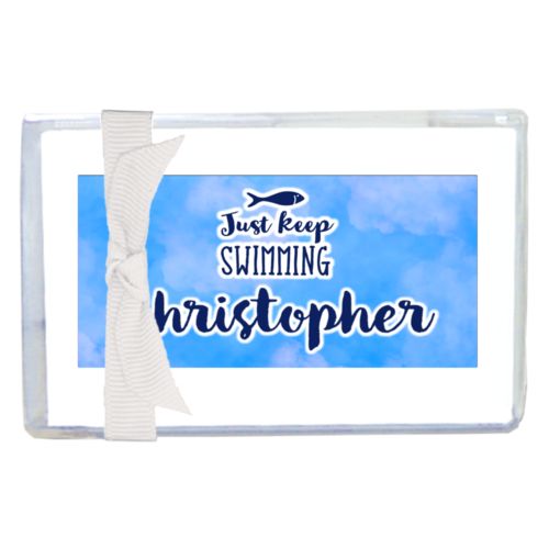 Personalized enclosure cards personalized with light blue cloud pattern and the sayings "Just Keep Swimming" and "Christopher"