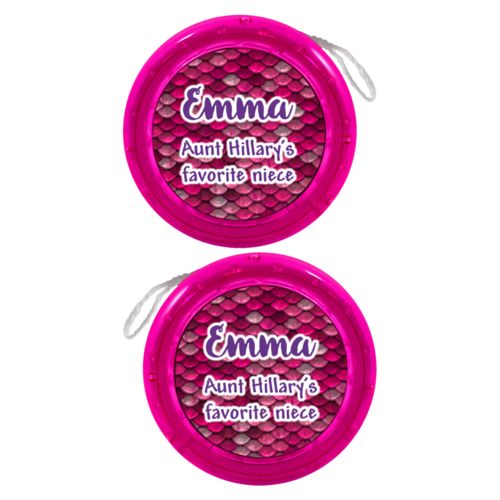 Personalized yoyo personalized with pink mermaid pattern and the saying "Emma Aunt Hillary's favorite niece"