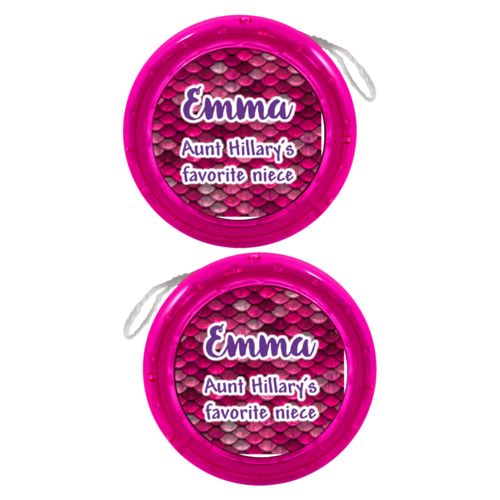 Personalized yoyo personalized with pink mermaid pattern and the saying "Emma Aunt Hillary's favorite niece"