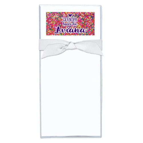 Personalized note sheets personalized with sweets sprinkle pattern and the sayings "Grandpa loves me" and "Aviana"