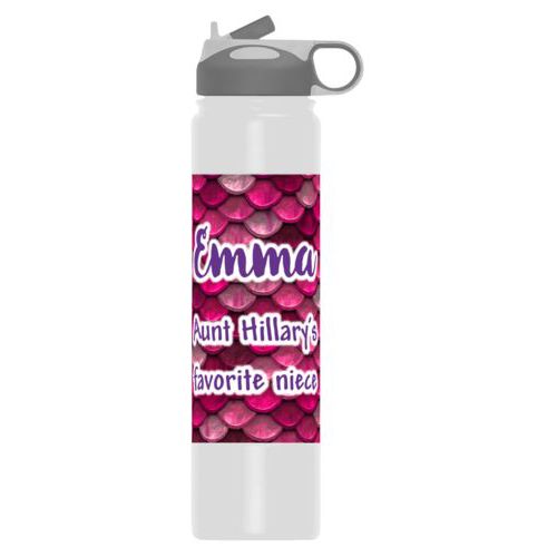 Custom stainless steel water bottle personalized with pink mermaid pattern and the saying "Emma Aunt Hillary's favorite niece"
