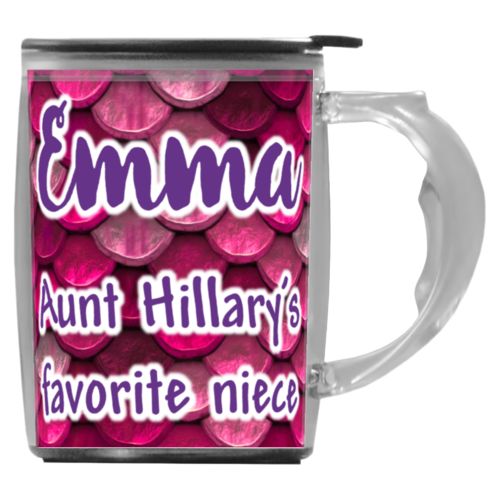 Custom mug with handle personalized with pink mermaid pattern and the saying "Emma Aunt Hillary's favorite niece"