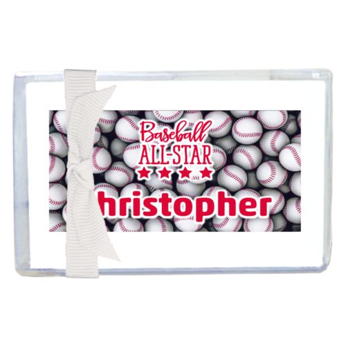 Personalized enclosure cards personalized with baseballs pattern and the sayings "baseball all-star" and "Christopher"