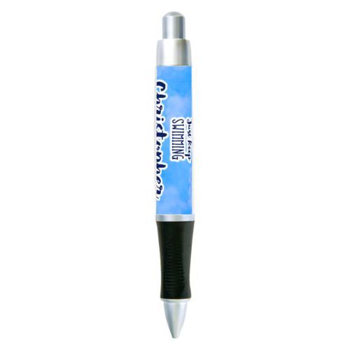Personalized pen personalized with light blue cloud pattern and the sayings "Just Keep Swimming" and "Christopher"