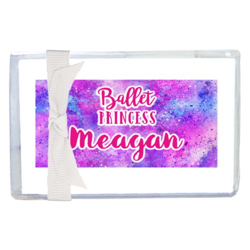 Personalized enclosure cards personalized with splatter paint pattern and the sayings "ballet princess" and "Meagan"