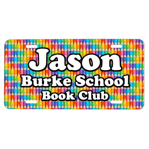 Custom license plate personalized with colored pencils pattern and the saying "Jason Burke School Book Club"