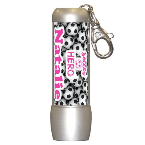 Personalized flashlight personalized with soccer balls pattern and the sayings "Soccer Hero" and "Natalie"