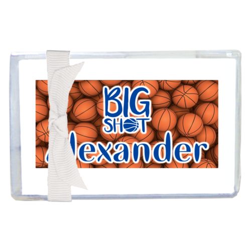 Personalized enclosure cards personalized with basketballs pattern and the sayings "big shot" and "Alexander"