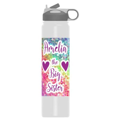 Double walled water bottle personalized with glitter pattern and the sayings "Amelia the Big Sister" and "Heart" and "Heart"