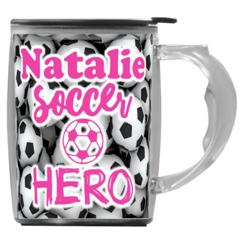 Custom mug with handle personalized with soccer balls pattern and the sayings "Soccer Hero" and "Natalie"
