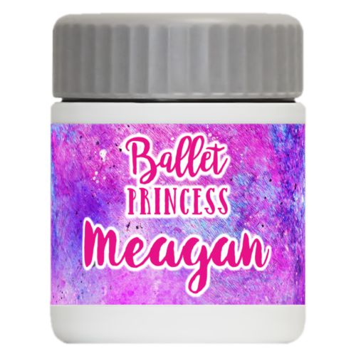 Personalized 12oz food jar personalized with splatter paint pattern and the sayings "ballet princess" and "Meagan"