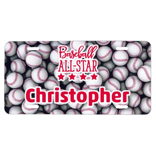 Custom license plate personalized with baseballs pattern and the sayings "baseball all-star" and "Christopher"