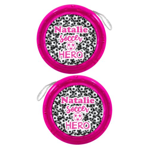 Personalized yoyo personalized with soccer balls pattern and the sayings "Soccer Hero" and "Natalie"