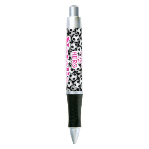 Personalized pen personalized with soccer balls pattern and the sayings "Soccer Hero" and "Natalie"