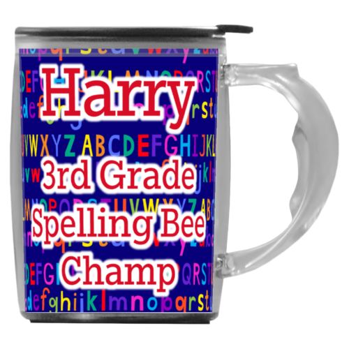 Custom mug with handle personalized with alphabet pattern and the saying "Harry 3rd Grade Spelling Bee Champ"