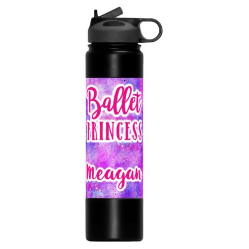 Custom sports bottle personalized with splatter paint pattern and the sayings "ballet princess" and "Meagan"