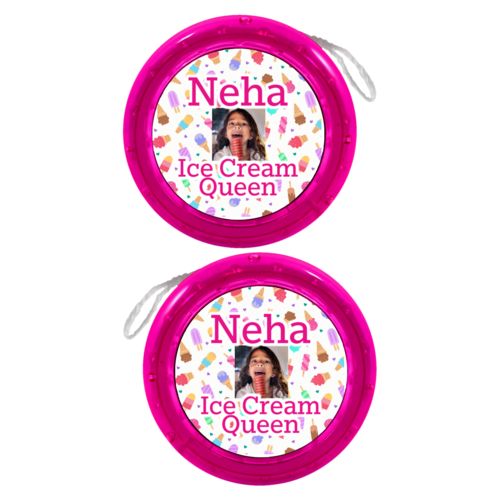 Personalized yoyo personalized with scoops pattern and photo and the saying "Neha Ice Cream Queen"