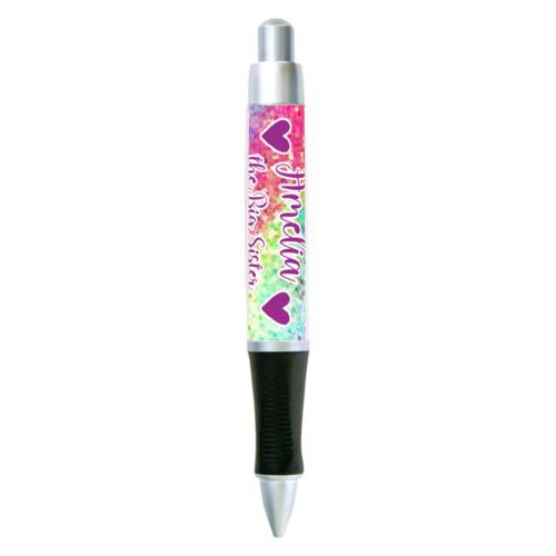 Personalized pen personalized with glitter pattern and the sayings "Amelia the Big Sister" and "Heart" and "Heart"