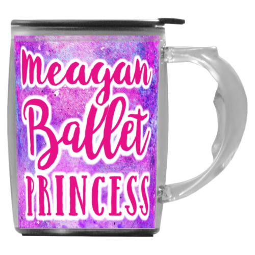 Custom mug with handle personalized with splatter paint pattern and the sayings "ballet princess" and "Meagan"
