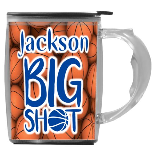 Custom mug with handle personalized with basketballs pattern and the sayings "big shot" and "Jackson"
