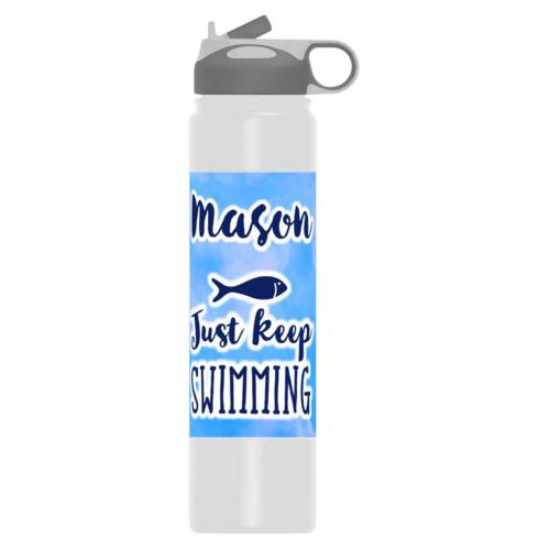 Double walled water bottle personalized with light blue cloud pattern and the sayings "Just Keep Swimming" and "Mason"