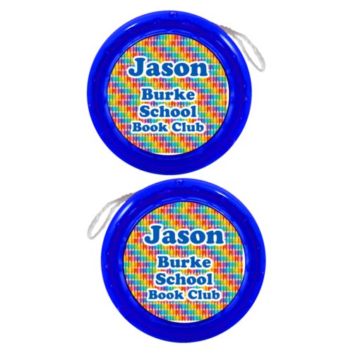Personalized yoyo personalized with colored pencils pattern and the saying "Jason Burke School Book Club"