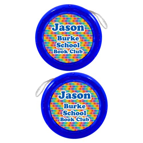 Personalized yoyo personalized with colored pencils pattern and the saying "Jason Burke School Book Club"