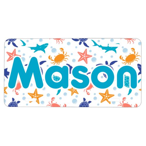 Custom license plate personalized with turtle pattern and the saying "Mason"
