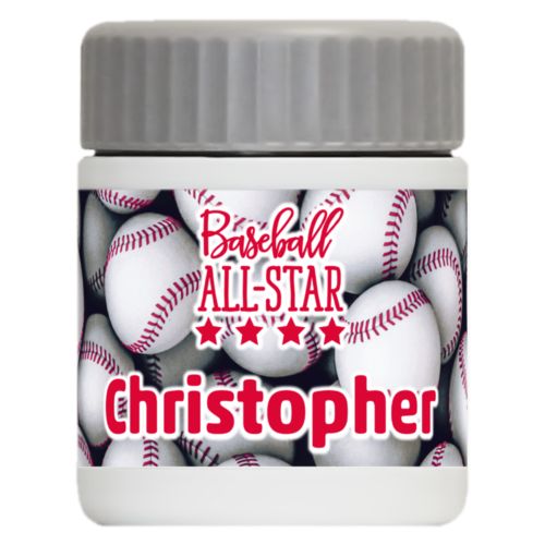 Personalized 12oz food jar personalized with baseballs pattern and the sayings "baseball all-star" and "Christopher"