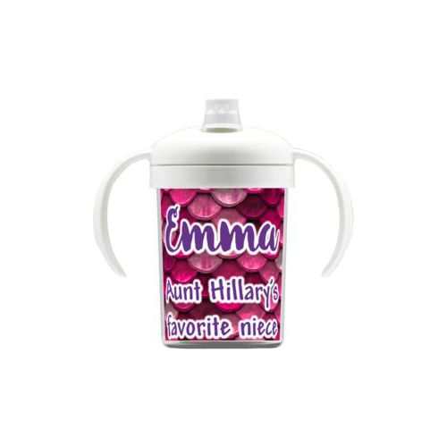 Personalized sippycup personalized with pink mermaid pattern and the saying "Emma Aunt Hillary's favorite niece"