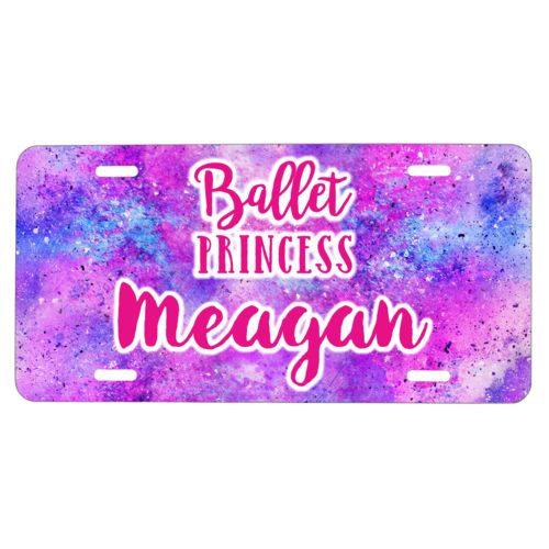 Custom car plate personalized with splatter paint pattern and the sayings "ballet princess" and "Meagan"