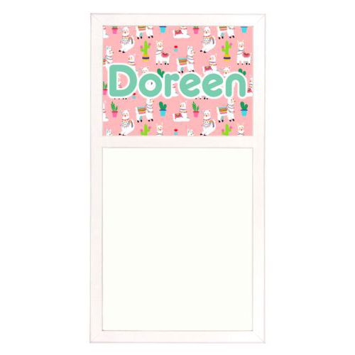 Personalized white board personalized with animals llama pattern and the saying "Doreen"