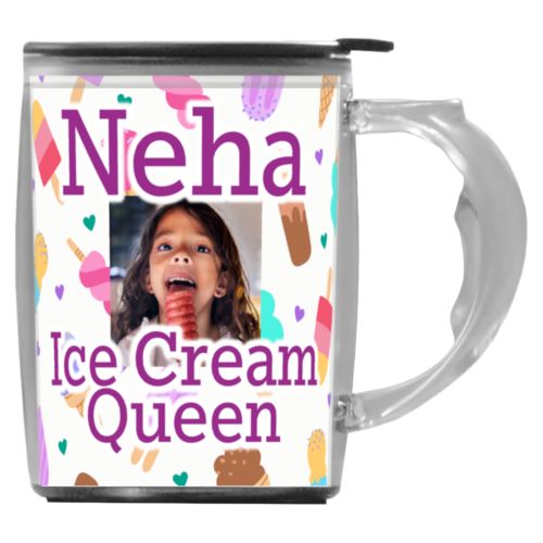 Custom mug with handle personalized with scoops pattern and photo and the saying "Neha Ice Cream Queen"