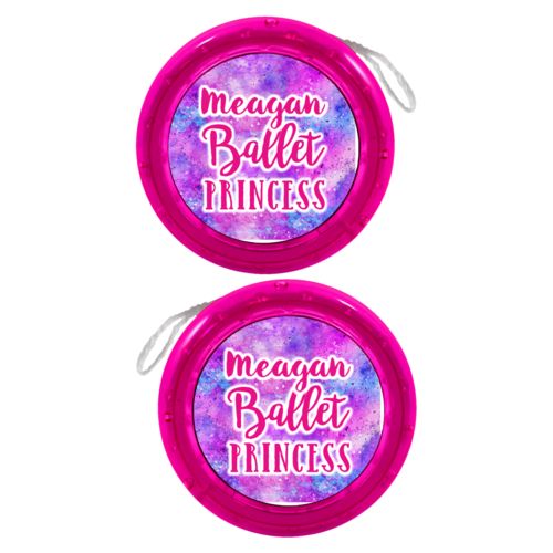 Personalized yoyo personalized with splatter paint pattern and the sayings "ballet princess" and "Meagan"