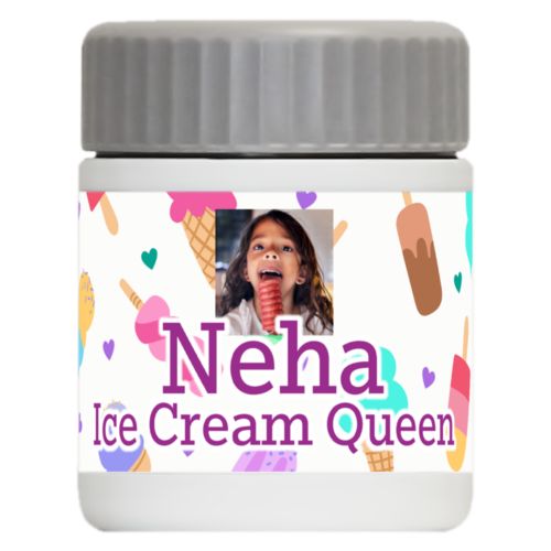 Personalized 12oz food jar personalized with scoops pattern and photo and the saying "Neha Ice Cream Queen"