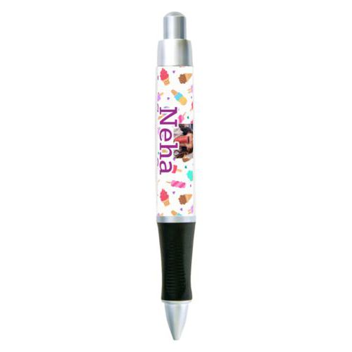 Personalized pen personalized with scoops pattern and photo and the saying "Neha Ice Cream Queen"